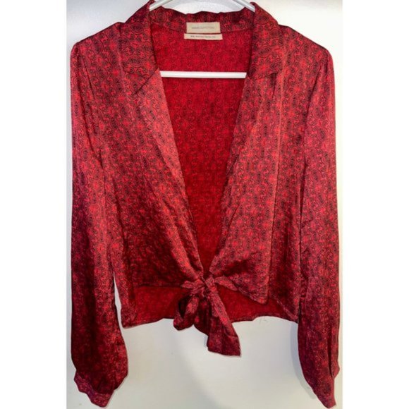 Urban Outfitters Satin Paisley Tie-Front Top, Size Medium, Red - Picture 5 of 12
